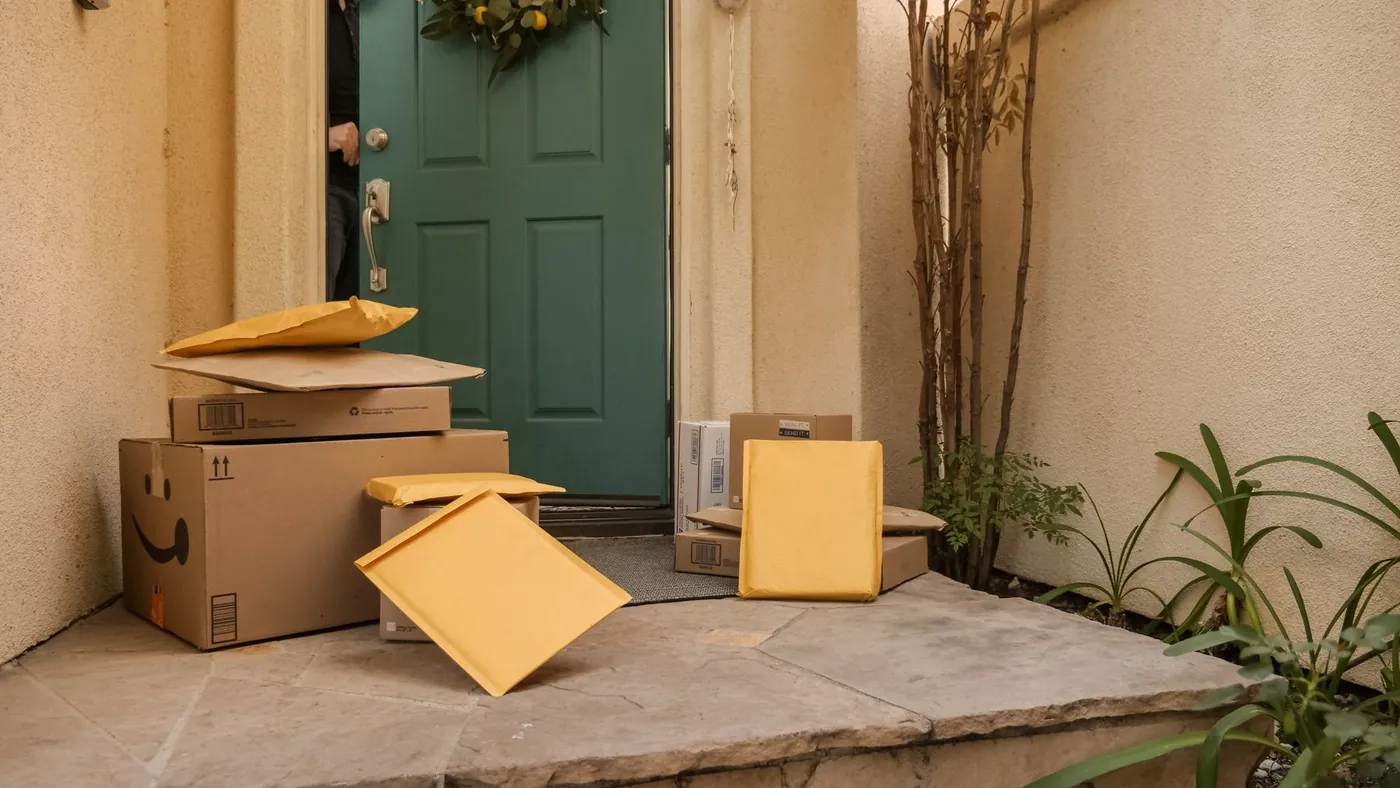 Cardboard boxes and padded envelopes piled on a doorstep in front of a green front door